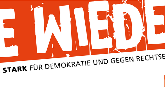 Schriftzug: Nie wieder! Gemeinsam stark für Demokratie und gegen Rechtsextremismus.