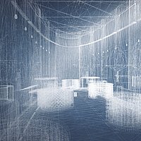 Laser- Linienskizze des Innenraums der entstehenden Begräbniskirche