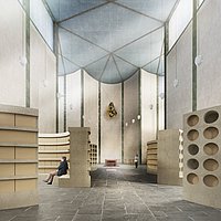 Plan Simulierter Einblick in die Kirche vom Eingang aus mit eingebauten Urnenwänden