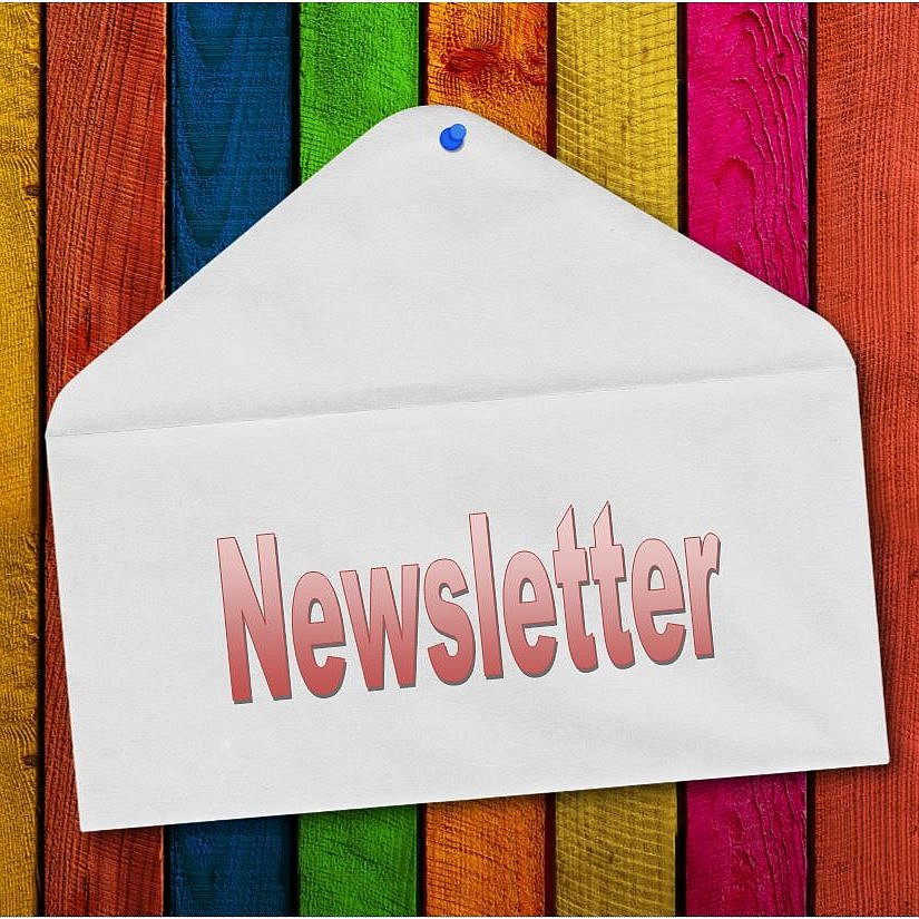 Ein Briefumschlag vor einem bunten Holzzaun. Darauf steht Newsletter.