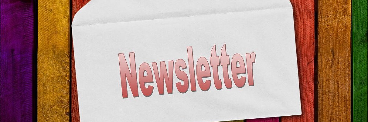 Ein Briefumschlag vor einem bunten Holzzaun. Darauf steht Newsletter.