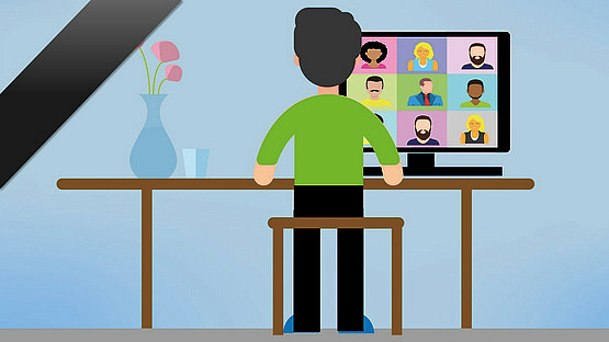 Comic Darstellung einer Person vor einem Computermonitor. Dort läuft eine Videokonferenz. Trauerflor oben links im Bild.