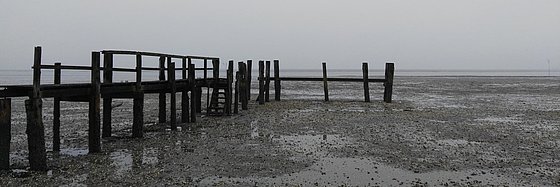 Ein hölzerner Steg im Wattenmeer bei bewölktem Wetter