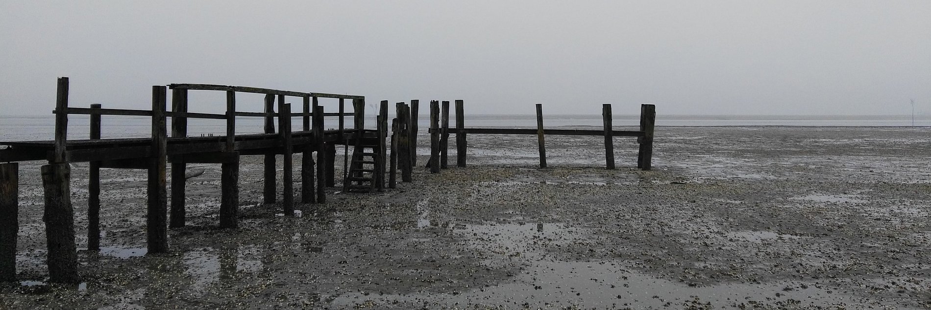 Ein hölzerner Steg im Wattenmeer bei bewölktem Wetter